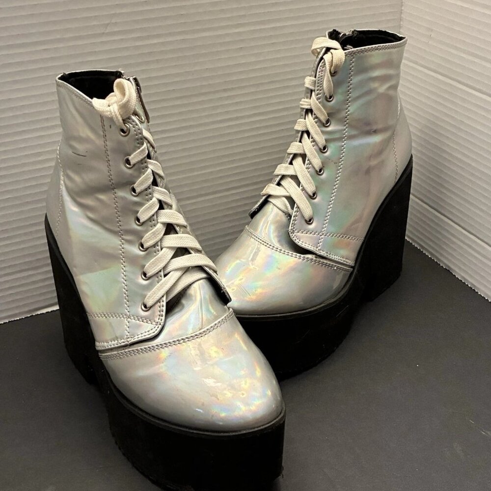 Silver Holographic Platform Wedge Boots Size 8 - Festival Rave Goth Cyber